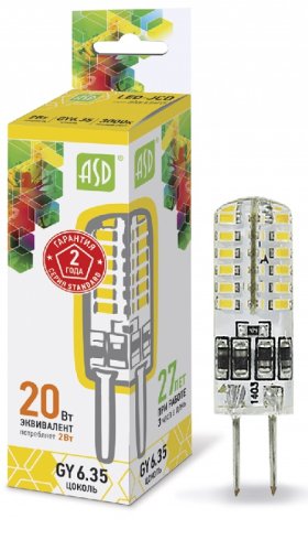 Лампа светодиодная ASD Standart JCD Капсула G6.35 220В 2Вт 180Лм 3000К 12х35мм фото Лампа светодиодная ASD Standart JCD Капсула G6.35 220В 2Вт 180Лм 3000К 12х35мм картинка